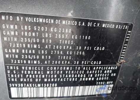 2020 Volkswagen Tiguan 2.0T Se/2.0T Se R-Line Black/2.0T Sel из США, поврежденный, VIN 3VV3B7AX1LM138208